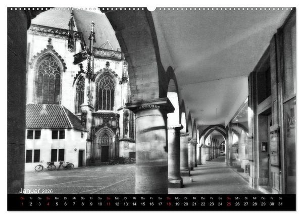 Produktbild: M&uuml;nster in schwarz-wei&szlig; gesehen (Wandkalender 2026 DIN A2 quer), CALVENDO Monatskalender