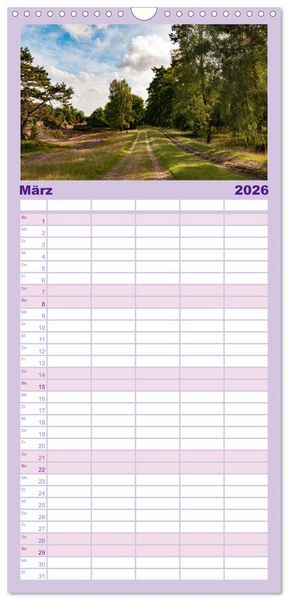 Produktbild: Familienplaner 2026 - Wanderung durch die zauberhafte L&uuml;neburger Heide mit 5 Spalten (Wandkalender, 21 x 45 cm) CALVENDO