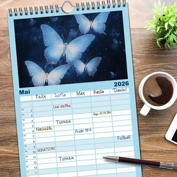 Produktbild: Familienplaner 2026 - Blauer Zauberflug mit 5 Spalten (Wandkalender, 21 x 45 cm) CALVENDO