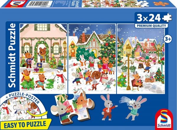 Schmidt 55657 - Fröhliche Weihnachten, Easy to Puzzle, Kinderpuzzle-Box mit Poster, 3 x 24 Teile