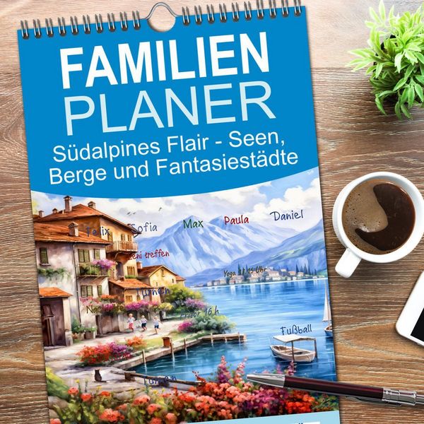 Produktbild: Familienplaner 2026 - S&uuml;dalpines Flair - Seen, Berge und Fantasiest&auml;dte mit 5 Spalten (Wandkalender, 21 x 45 cm) CALVENDO