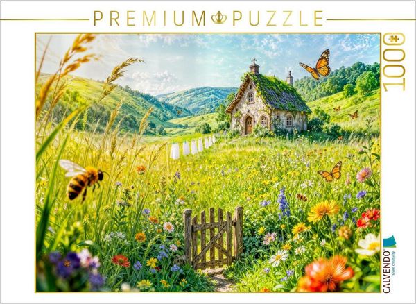 CALVENDO Puzzle Sommer Cottage auf Blumenwiese mit Wäscheleine | 1000 Teile Lege-Größe 64x48cm Foto-Puzzle für glückliche Stunden