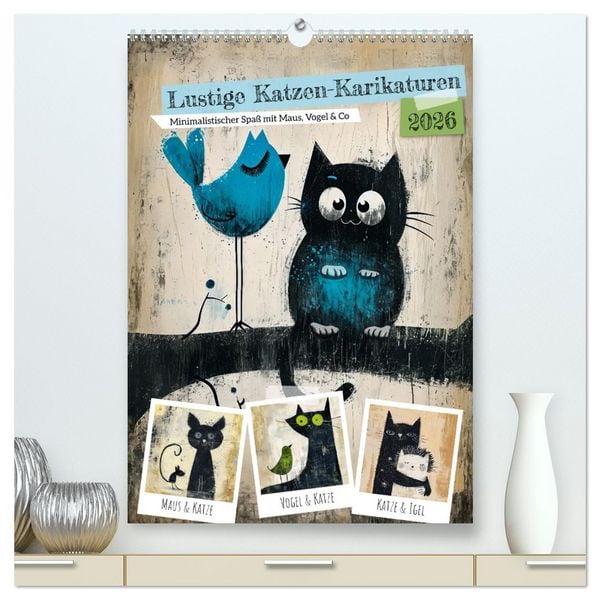 Produktbild: Lustige Katzen-Karikaturen - Minimalistischer Spa&szlig; mit Maus, Vogel und Co (hochwertiger Premium Wandkalender 2026 DIN A2 hoch), Kunstdruck in Hochglanz