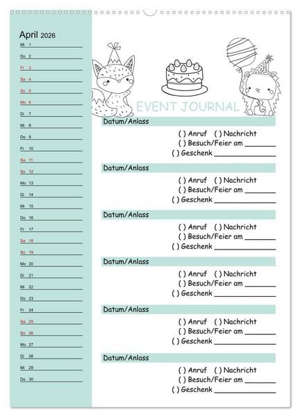 Produktbild: Geburtstagsplaner Doodle Tiere - F&uuml;r Termine, Geschenke, Eventdetails & mehr (Wandkalender 2026 DIN A2 hoch), CALVENDO Monatskalender