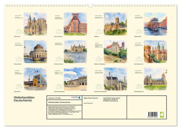 Produktbild: Welterbest&auml;tten Deutschlands (Wandkalender 2026 DIN A2 quer), CALVENDO Monatskalender