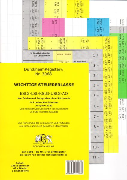 DürckheimRegister® STEUERERLASSE Gesetze und §§, OHNE Stichworte