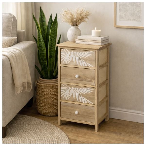 HTI-Living Kommode Melia 4 Schubladen Palmen-Design Artisaneiche-Weiß