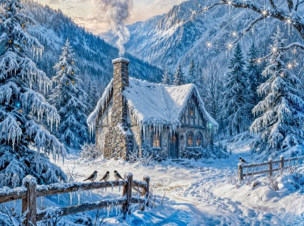 Produktbild: CALVENDO Puzzle Winter Cottage im Bergwald mit Zaun und Waldv&ouml;geln | 2000 Teile Lege-Gr&ouml;&szlig;e 90x67cm Foto-Puzzle f&uuml;r gl&uuml;ckliche Stunden