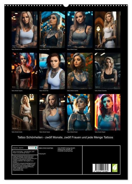 Produktbild: Tattoo Sch&ouml;nheiten - zw&ouml;lf Monate, zw&ouml;lf Frauen und jede Menge Tattoos (hochwertiger Premium Wandkalender 2026 DIN A2 hoch), Kunstdruck in Hochglanz