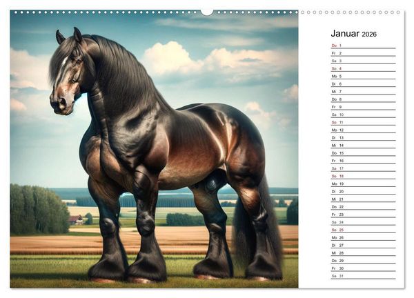 Produktbild: Kaltbl&uuml;ter - Die majest&auml;tische Kraft und Sch&ouml;nheit der Kaltblutpferde (hochwertiger Premium Wandkalender 2026 DIN A2 quer), Kunstdruck in Hochglanz