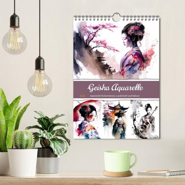 Produktbild: Geisha Aquarelle - Japanische Kulturdamen, Landschaft und Sakura (Wandkalender 2026 DIN A4 hoch), CALVENDO Monatskalender