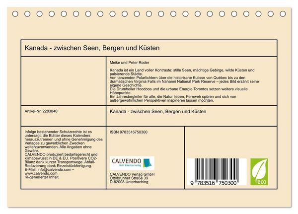 Produktbild: Kanada - zwischen Seen, Bergen und K&uuml;sten (Tischkalender 2027 DIN A5 quer), CALVENDO Monatskalender