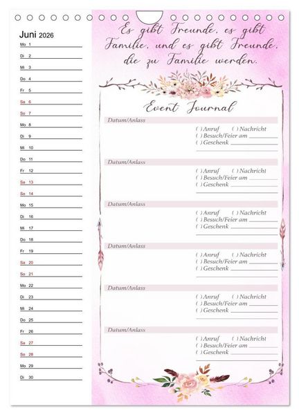 Produktbild: Geburtstagsplaner Boho Rosa - F&uuml;r Termine, Geschenke, Eventdetails & mehr (Wandkalender 2026 DIN A4 hoch), CALVENDO Monatskalender