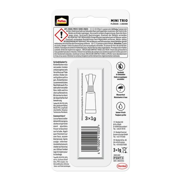 Produktbild: Pattex Kleben Pattex Sekundenkleber Fl&uuml;ssig Mini Trio, 3 1 g