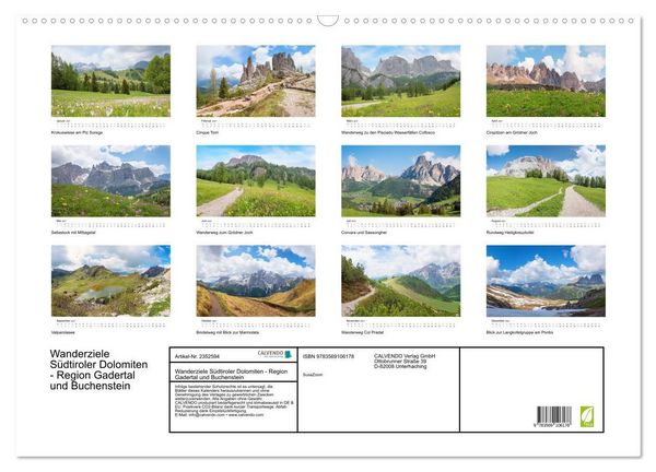 Produktbild: Wanderziele S&uuml;dtiroler Dolomiten - Region Gadertal und Buchenstein (Wandkalender 2027 DIN A2 quer), CALVENDO Monatskalender