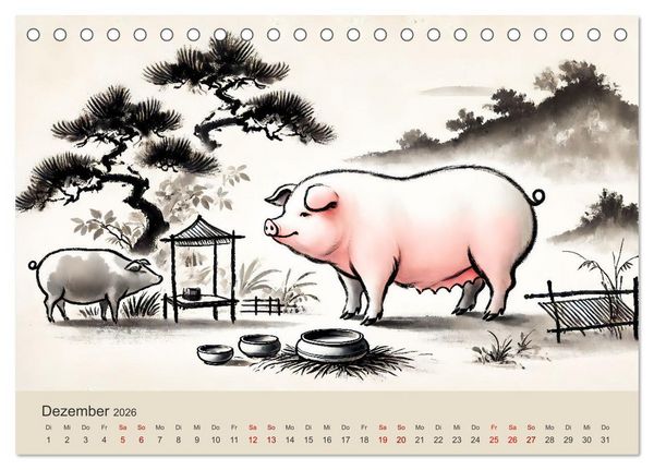Produktbild: Chinesische Tierkreiszeichen - Kunstvolle KI-Tuschemalerei des Ostens (Tischkalender 2026 DIN A5 quer), CALVENDO Monatskalender