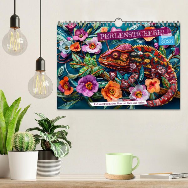 Produktbild: Perlenstickerei - Stickkunst tropischer Tiere mit Garn und Perlen (Wandkalender 2026 DIN A4 quer), CALVENDO Monatskalender
