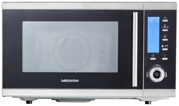 Medion MD 15501 Mikrowelle Edelstahl, Schwarz 900 W Timerfunktion, Antihaftbeschichtung, Grillfunktion, mit Display