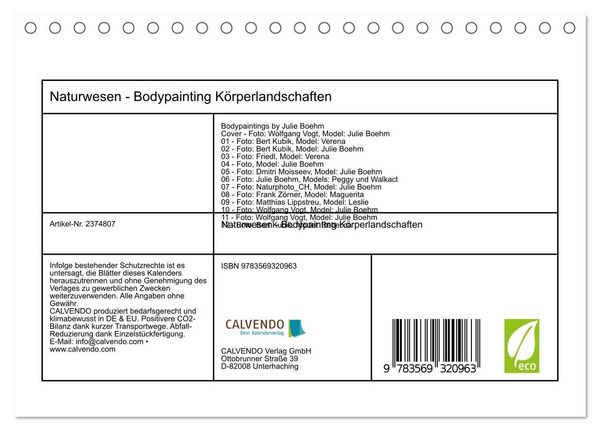 Produktbild: Naturwesen - Bodypainting K&ouml;rperlandschaften (Tischkalender 2027 DIN A5 quer), CALVENDO Monatskalender