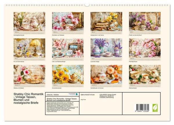 Produktbild: Shabby Chic Romantik - Vintage Tassen, Blumen und nostalgische Briefe (hochwertiger Premium Wandkalender 2026 DIN A2 quer), Kunstdruck in Hochglanz
