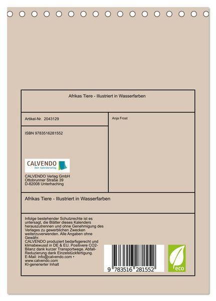 Produktbild: Afrikas Tiere - Illustriert in Wasserfarben (Tischkalender 2026 DIN A5 hoch), CALVENDO Monatskalender