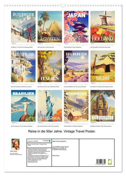 Produktbild: Reise in die 50er Jahre. Vintage Travel Poster. (Wandkalender 2026 DIN A2 hoch), CALVENDO Monatskalender