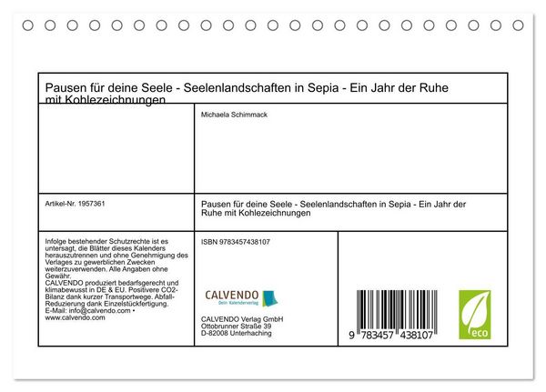 Produktbild: Pausen f&uuml;r deine Seele - Seelenlandschaften in Sepia - Ein Jahr der Ruhe mit Kohlezeichnungen (Tischkalender 2026 DIN A5 quer), CALVENDO Monatskalender