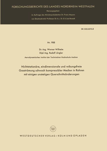 Produktbild: Nichtstation&auml;re, eindimensionale und reibungsfreie Gasstr&ouml;mung schwach kompressibler Medien in Rohren mit einigen unstetigen Querschnitts&auml;nderungen
