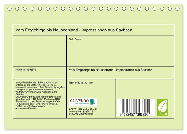 Produktbild: Vom Erzgebirge bis Neuseenland - Impressionen aus Sachsen (Tischkalender 2026 DIN A5 quer), CALVENDO Monatskalender