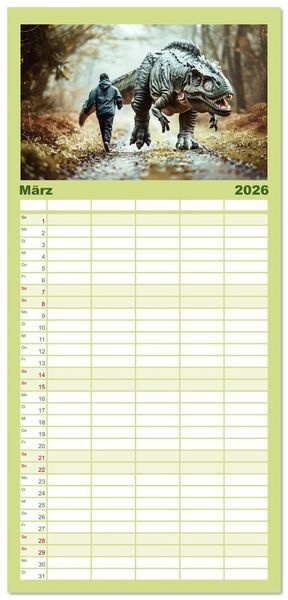 Produktbild: Familienplaner 2026 - Wie w&auml;re es mit einem Dinosaurier als Haustier? mit 5 Spalten (Wandkalender, 21 x 45 cm) CALVENDO