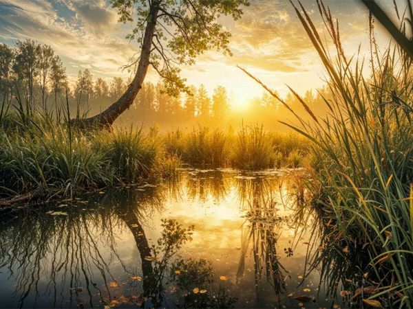 Produktbild: CALVENDO Puzzle Ein Natursee spiegelt die aufgehende Sonne - der Sommer zeigt seine stille Seite | 1000 Teile Lege-Gr&ouml;&szlig;e 64x48cm Foto-Puzzle f&uuml;r gl&uuml;ck