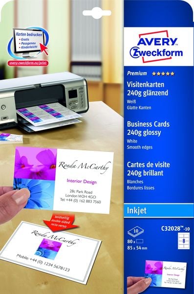 AVERY Zweckform Visitenkarten Inkjet 240g/m² glänzend weiß 85x54mm 80 Stück