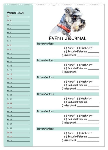 Produktbild: B-DAY PLANER - Aquarell Hunderassen - F&uuml;r Termine, Geschenke, Eventdetails & mehr (hochwertiger Premium Wandkalender 2026 DIN A2 hoch), Kunstdruck in Hochglanz