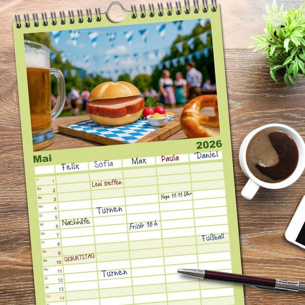 Produktbild: Familienplaner 2026 - Leberk&auml;se-Kalender - Die Leberk&auml;ssemmel aus Bayern mit 5 Spalten (Wandkalender, 21 x 45 cm) CALVENDO
