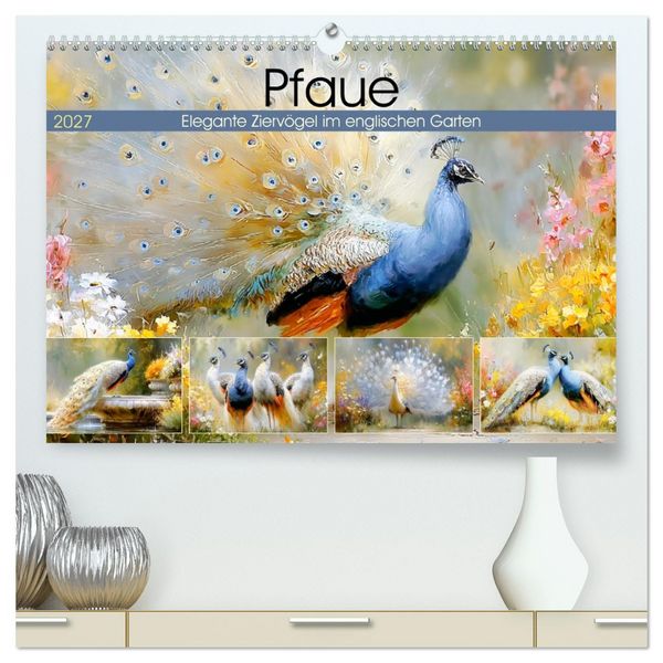 Produktbild: Pfaue. Elegante Zierv&ouml;gel im englischen Garten (hochwertiger Premium Wandkalender 2027 DIN A2 quer), Kunstdruck in Hochglanz