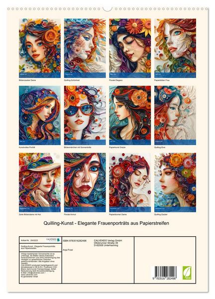 Produktbild: Quilling-Kunst - Elegante Frauenportr&auml;ts aus Papierstreifen (hochwertiger Premium Wandkalender 2026 DIN A2 hoch), Kunstdruck in Hochglanz