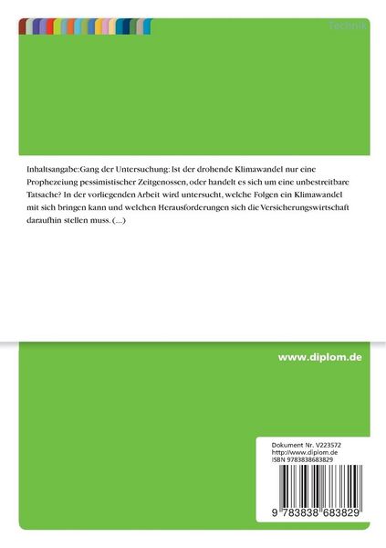 Produktbild: Herausforderung eines drohenden Klimawandels an die Versicherungswirtschaft vor dem Hintergrund einer m&ouml;glichen Elementarschaden-Zwangsversicherung