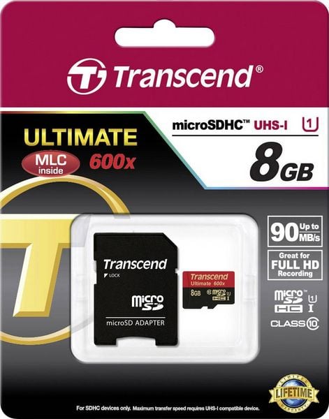 Produktbild: Transcend Ultimate (600x) microSDHC-Karte Industrial 8 GB Class 10, UHS-I inkl. SD-Adapter