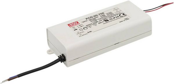 Produktbild: Mean Well PCD-60-700B LED-Treiber Konstantstrom 60W 0.7A 50 - 86 V/DC dimmbar, PFC-Schaltkreis, &Uuml;berlastschutz, Montage auf