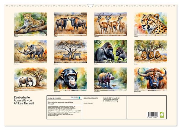Produktbild: Zauberhafte Aquarelle von Afrikas Tierwelt (Wandkalender 2026 DIN A2 quer), CALVENDO Monatskalender