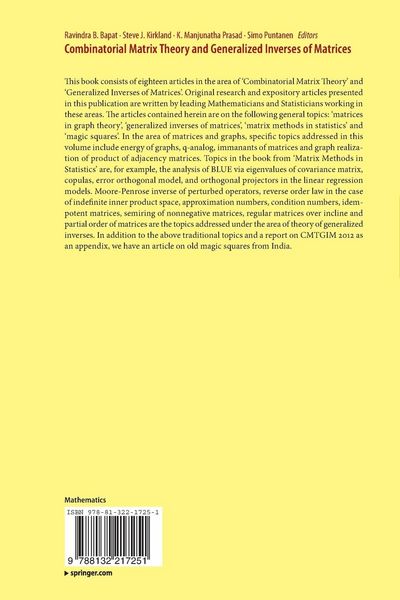 Produktbild: Combinatorial Matrix Theory and Generalized Inverses of Matrices