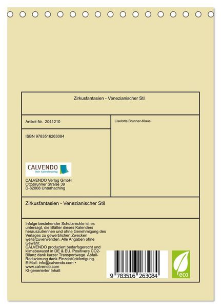 Produktbild: Zirkusfantasien - Venezianischer Stil (Tischkalender 2026 DIN A5 hoch), CALVENDO Monatskalender