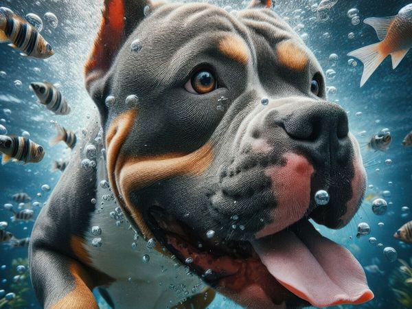 CALVENDO Puzzle American Stafford Terrier taucht mit Fischen | 1000 Teile Lege-Größe 64x48cm Foto-Puzzle für glückliche 