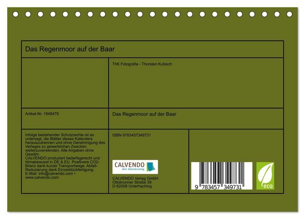 Produktbild: Das Regenmoor auf der Baar (Tischkalender 2026 DIN A5 quer), CALVENDO Monatskalender