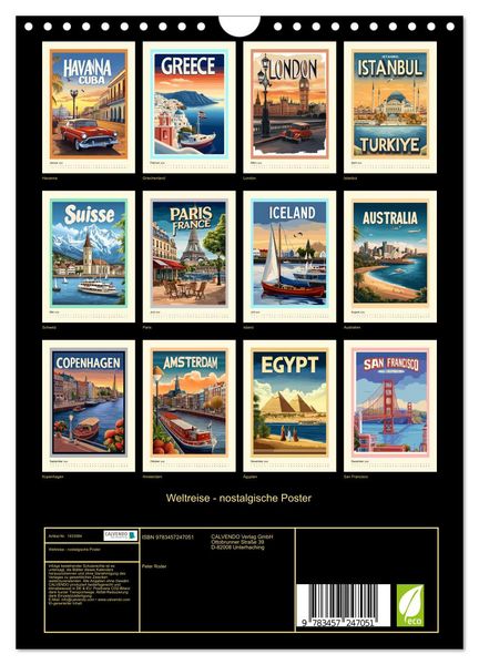 Produktbild: Weltreise - nostalgische Poster (Wandkalender 2026 DIN A4 hoch), CALVENDO Monatskalender