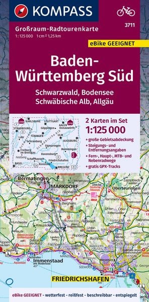 Produktbild: KOMPASS Gro&szlig;raum-Radtourenkarte 3711 Baden-W&uuml;rttemberg S&uuml;d,