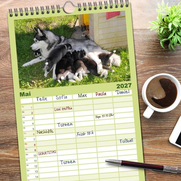 Produktbild: Familienplaner 2027 - Husky Welpen mit 5 Spalten (Wandkalender, 21 x 45 cm) CALVENDO