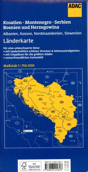Produktbild: ADAC Länderkarte Kroatien, Montenegro, Serbien, Bosnien u. Herzegowina 1:750.000