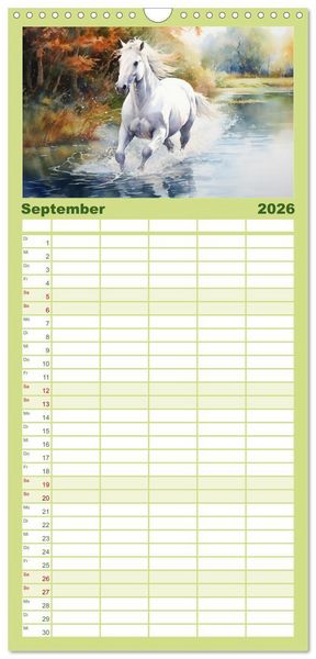 Produktbild: Familienplaner 2026 - Anmutige Schimmel. &Auml;sthetik Aquarell-Pferde mit 5 Spalten (Wandkalender, 21 x 45 cm) CALVENDO