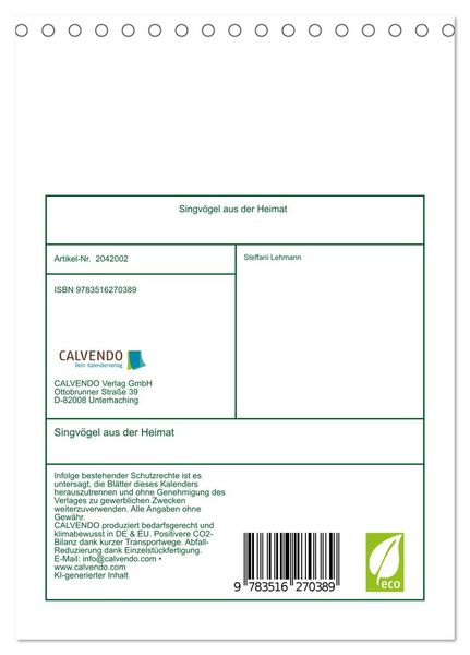 Produktbild: Singv&ouml;gel aus der Heimat (Tischkalender 2026 DIN A5 hoch), CALVENDO Monatskalender